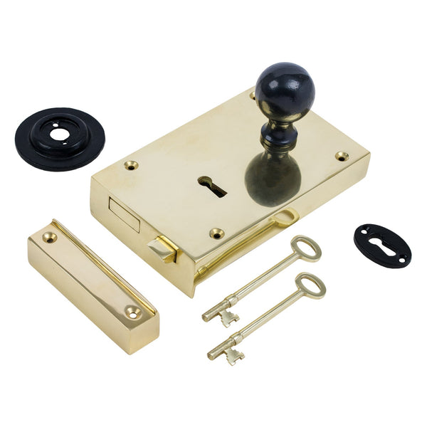  Right Handed Large Brass Rim Lock with Black Round Door Knob Set
