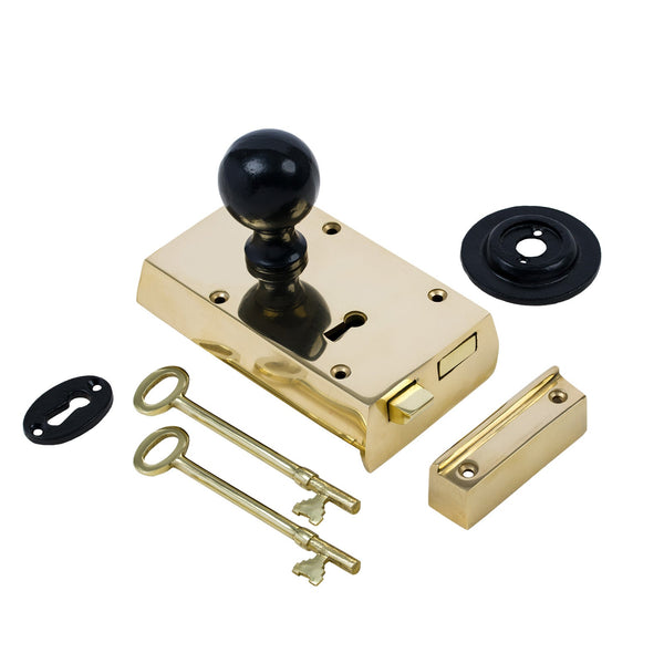  Left Handed Small Brass Rim Lock with Black Round Door Knob Set