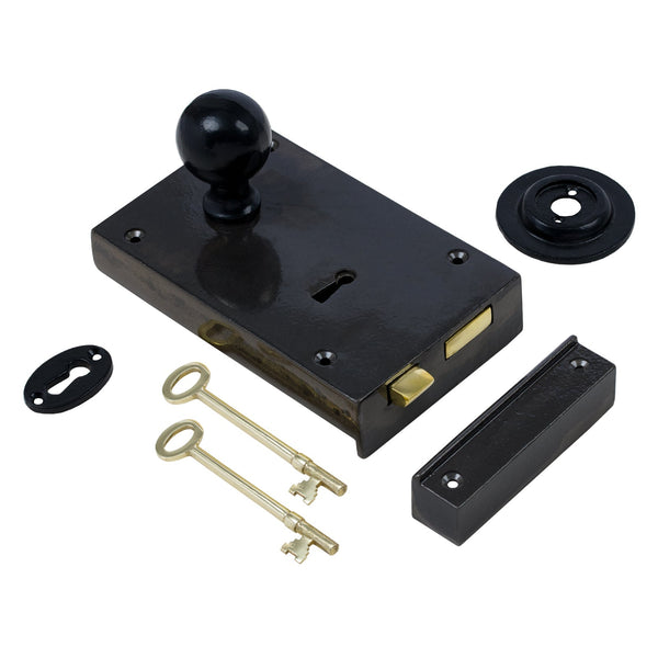  Left Handed Large Cast Iron Rim Lock With Black Round Door Knob Set