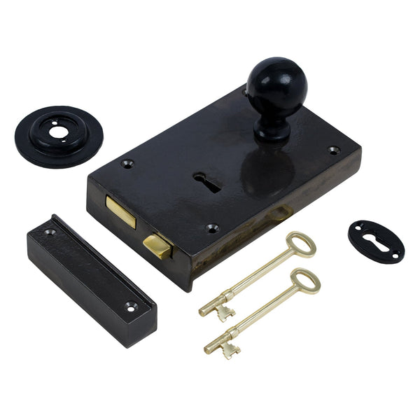  Right Handed Large Cast Iron Rim Lock With Black Round Door Knob Set