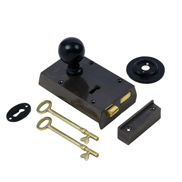  Left Handed Small Cast Iron Rim Lock With Black Round Door Knob Set