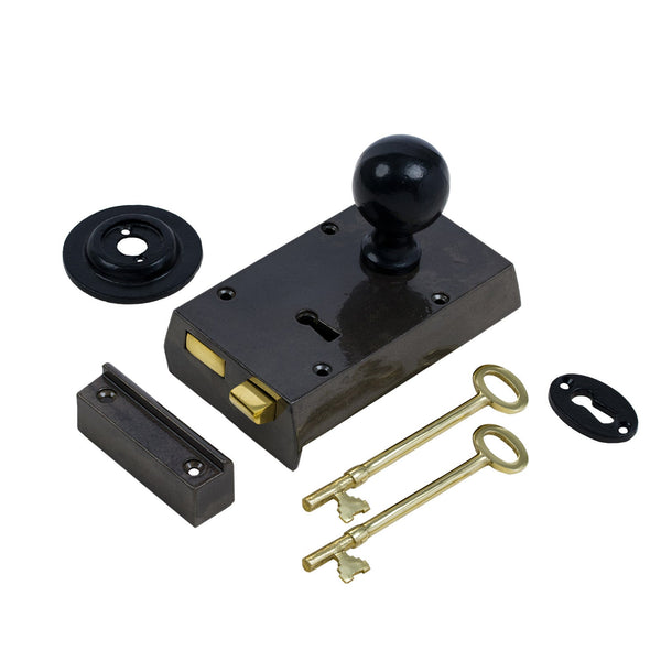  Right Handed Small Cast Iron Rim Lock With Black Round Door Knob Set