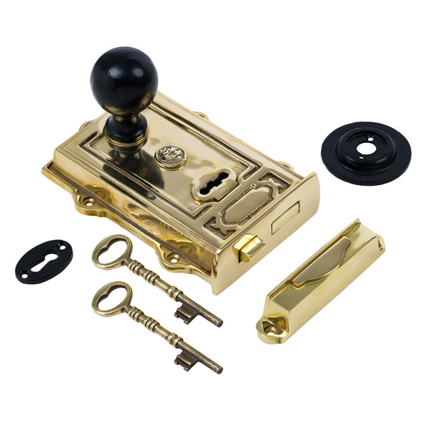  Image of Ornate Brass Rim Lock with Round Door Knob Set - Black