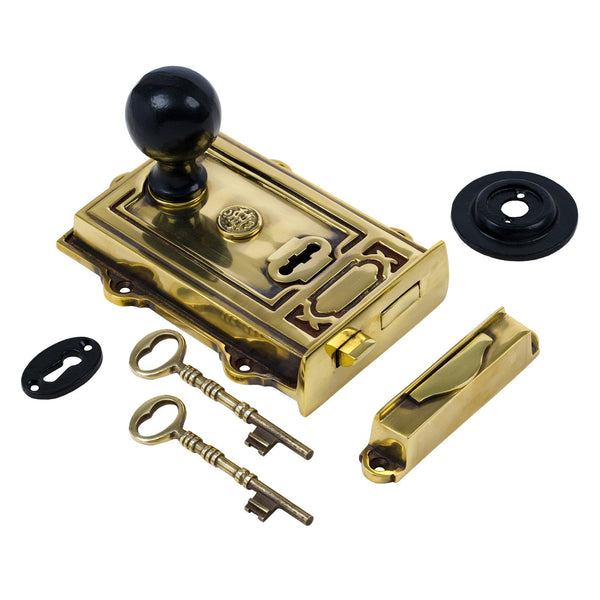  Image of Ornate Antique Brass Rim Lock with Round Door Knob Set - Black