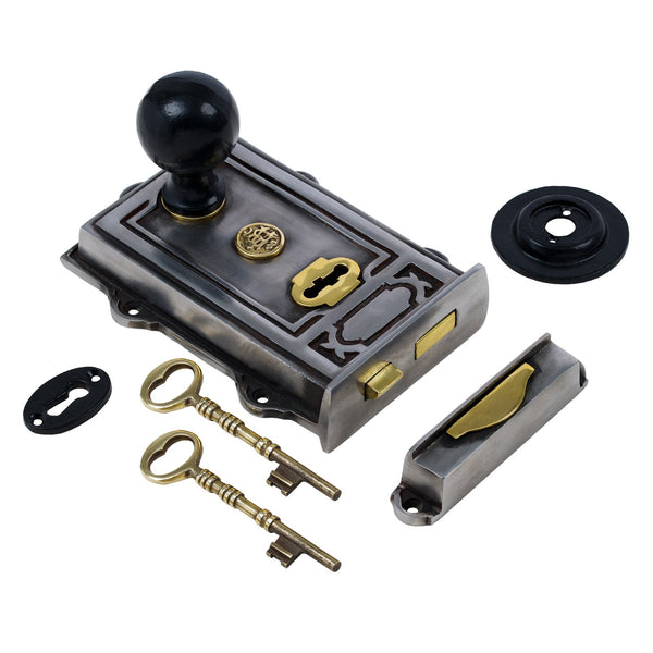  Image of Ornate Iron Rim Lock with Black Round Door Knob Set