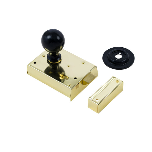  Round Door Knob Set - Black On Polished Brass Bathroom Rim Lock