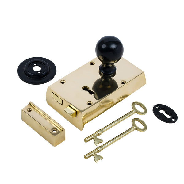  Right Handed Small Brass Rim Lock with Black Round Door Knob Set
