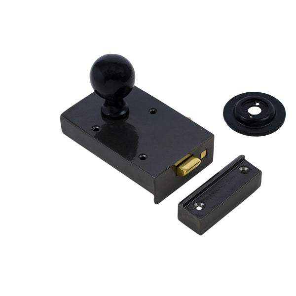  Left Handed Cast Iron Bathroom Rim Lock With Black Round Door Knob Set