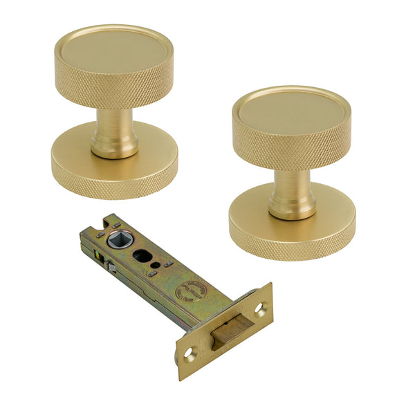 SHOW Image of Satin Brass Owen Knobs & 4 Inch Latch Set