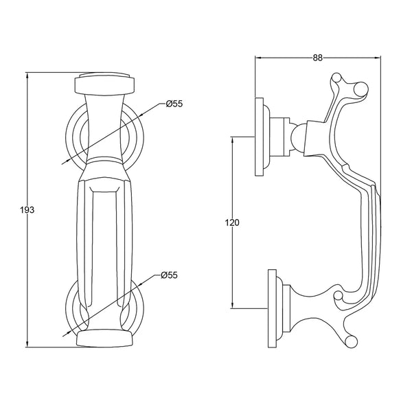  Tech drawing of Unlacquered Brass Doctor's Door Knocker