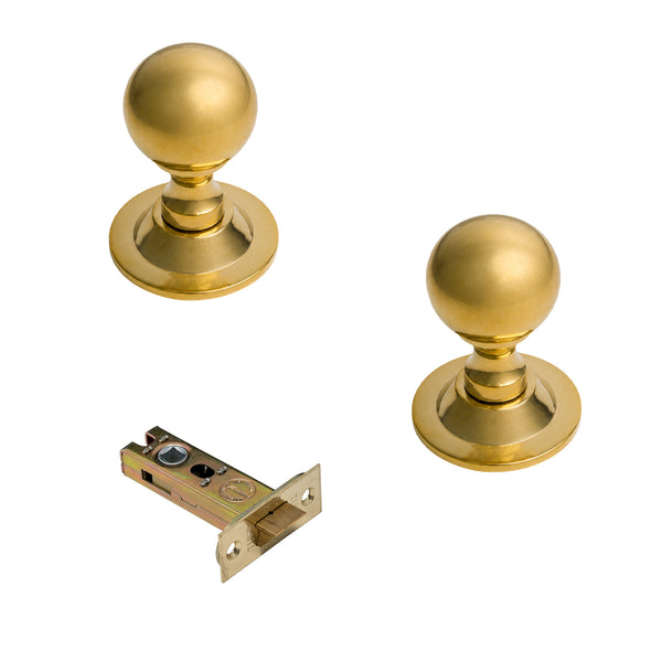  Polished Brass Round Door Knobs 3 Inch Latch Set