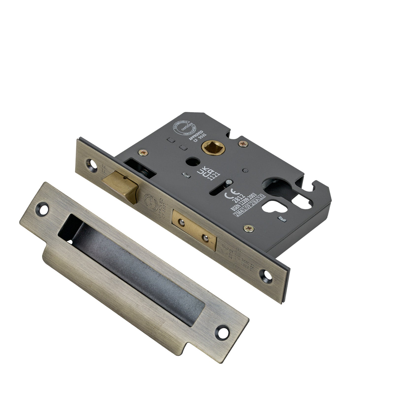 SHOW 3 Lever Euro Sash Lock - 3 Inch with Matt Antique Brass finished forend and striker plate