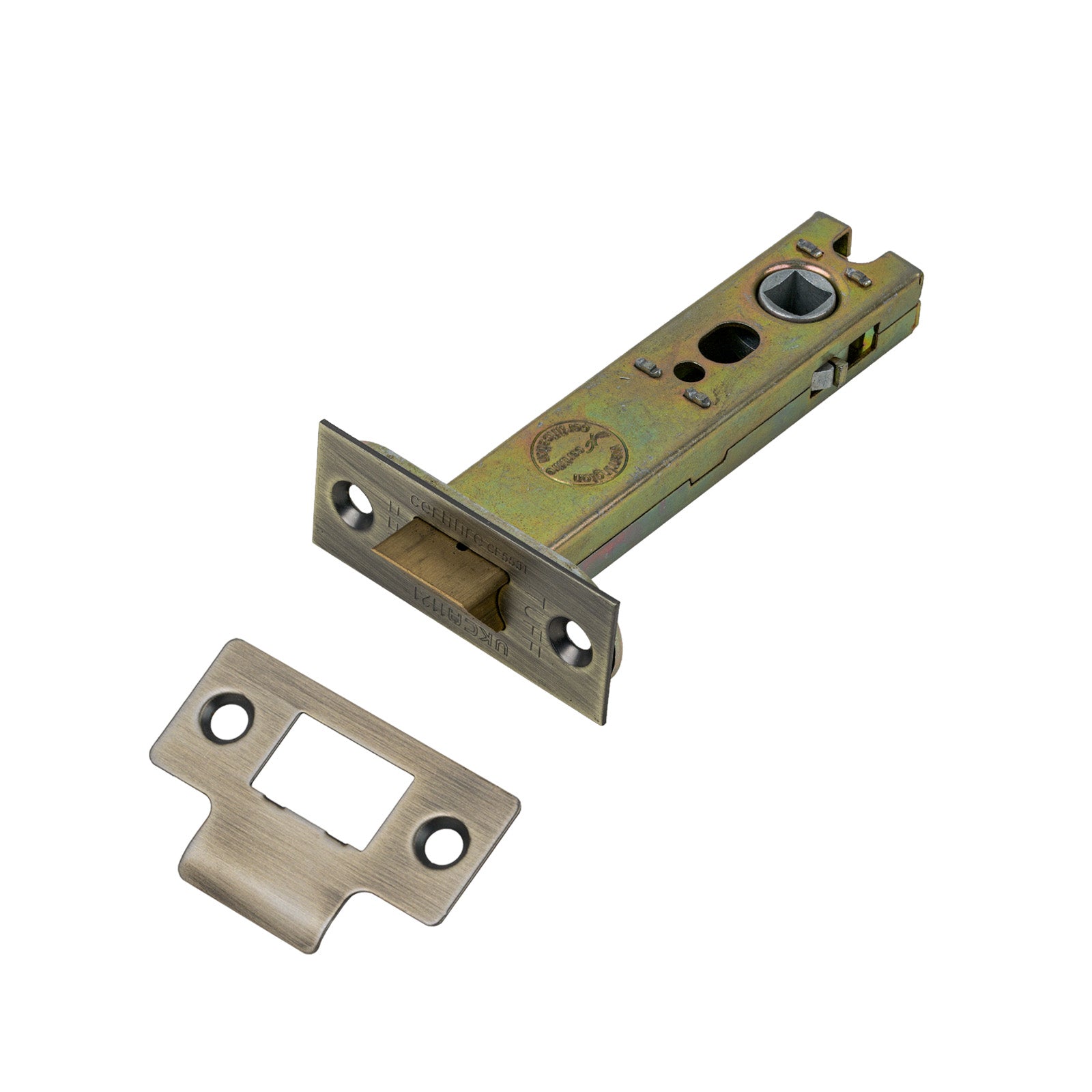 SHOW Heavy Duty Tubular Latch - 4 Inch with Matt Antique Brass finished forend and striker plate
