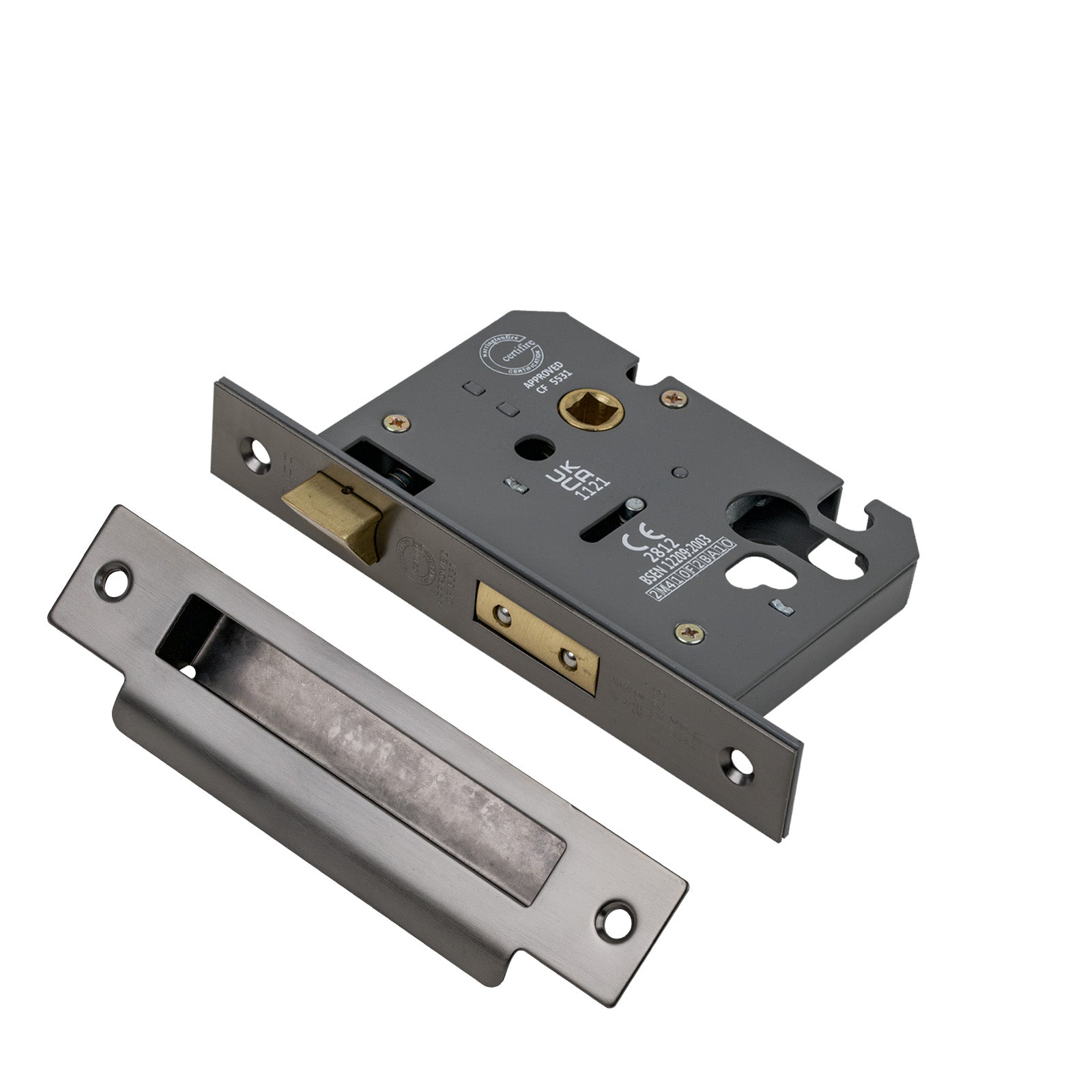 SHOW 3 Lever Euro Sash Lock - 3 Inch with Matt Gun Metal finished forend and striker plate