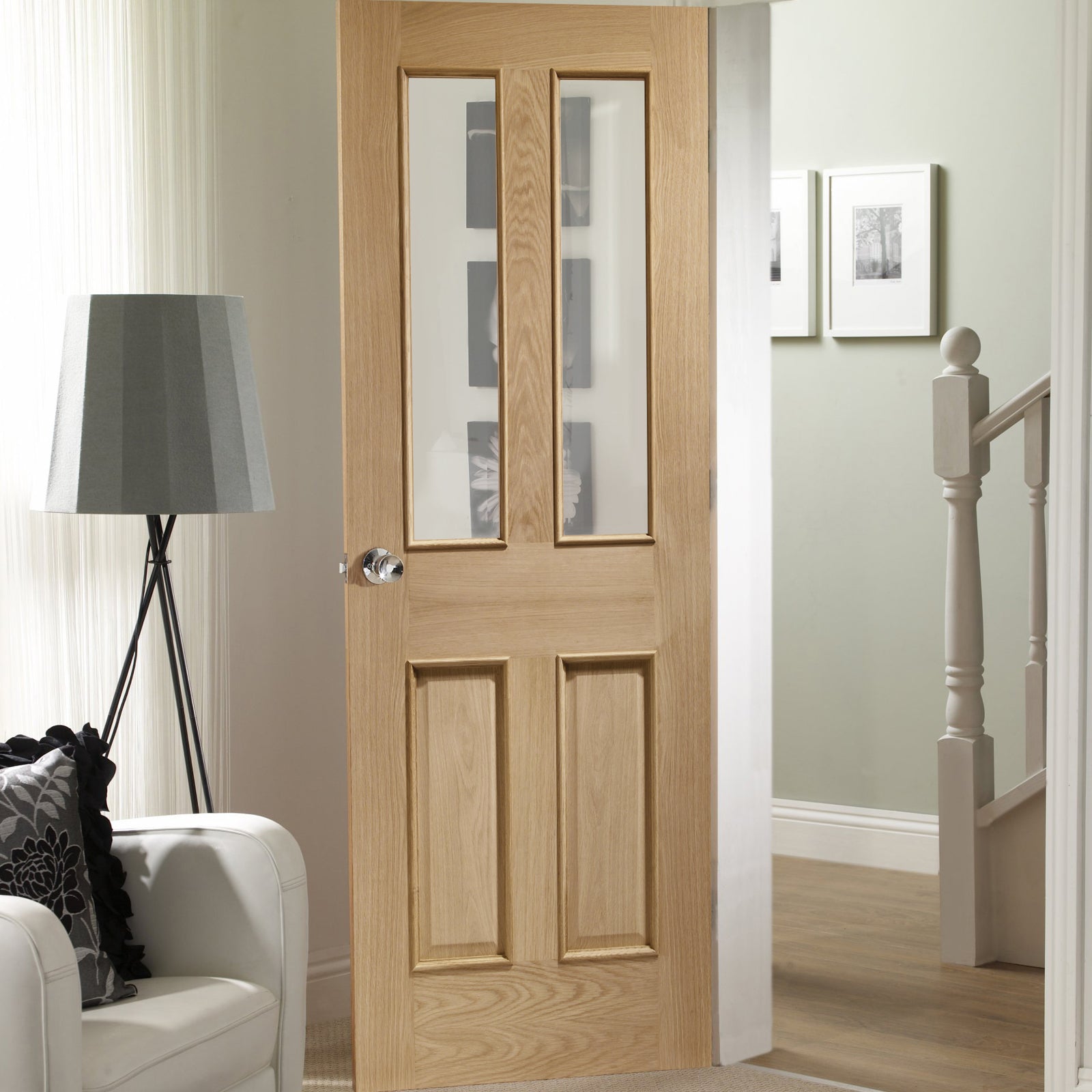 SHOW Internal Oak Malton Door with Clear Bevelled Glass and Raised Mouldings lifestyle