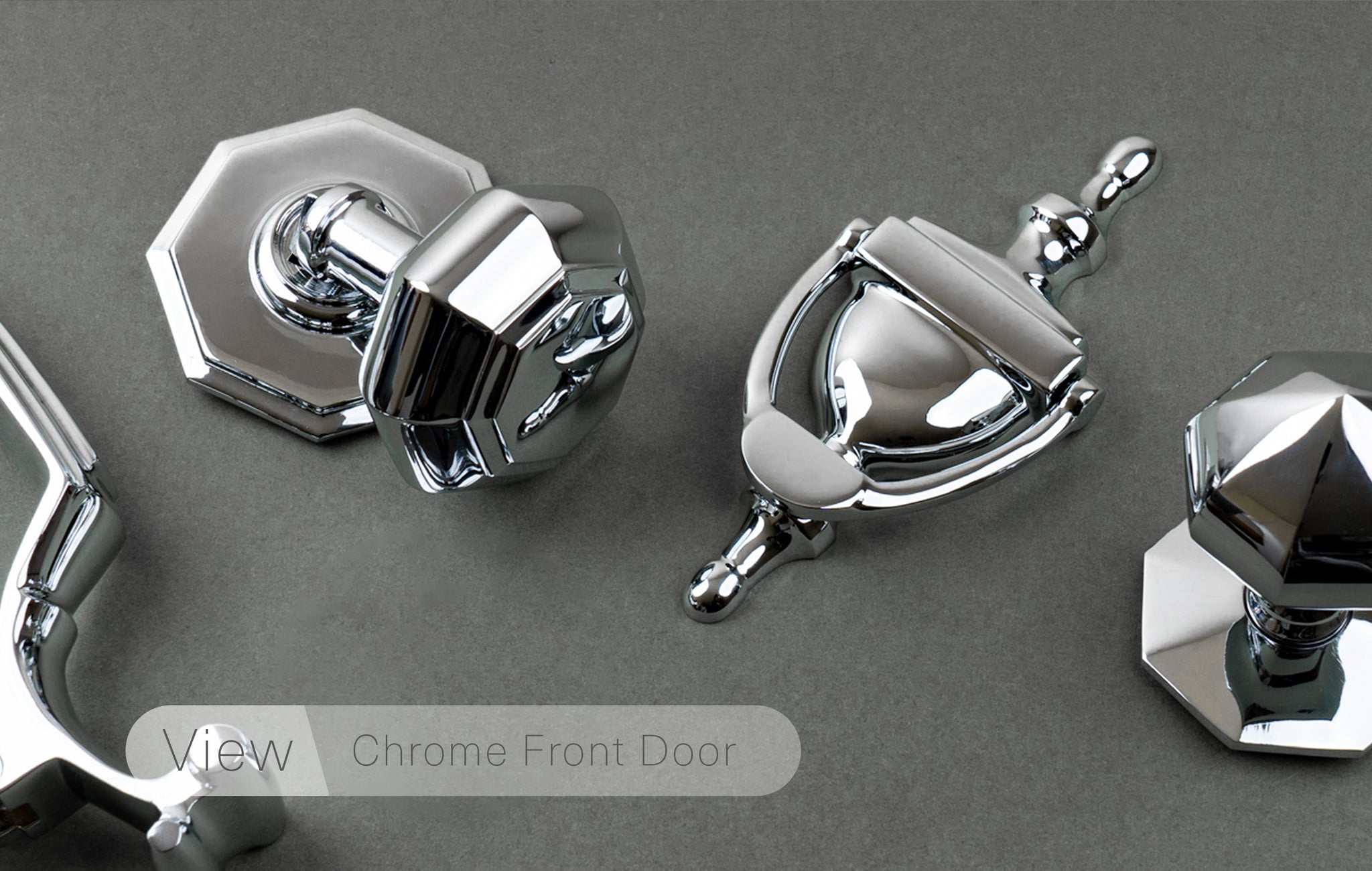chrome front door furniture, door knockers, door pulls, solid brass door hardware