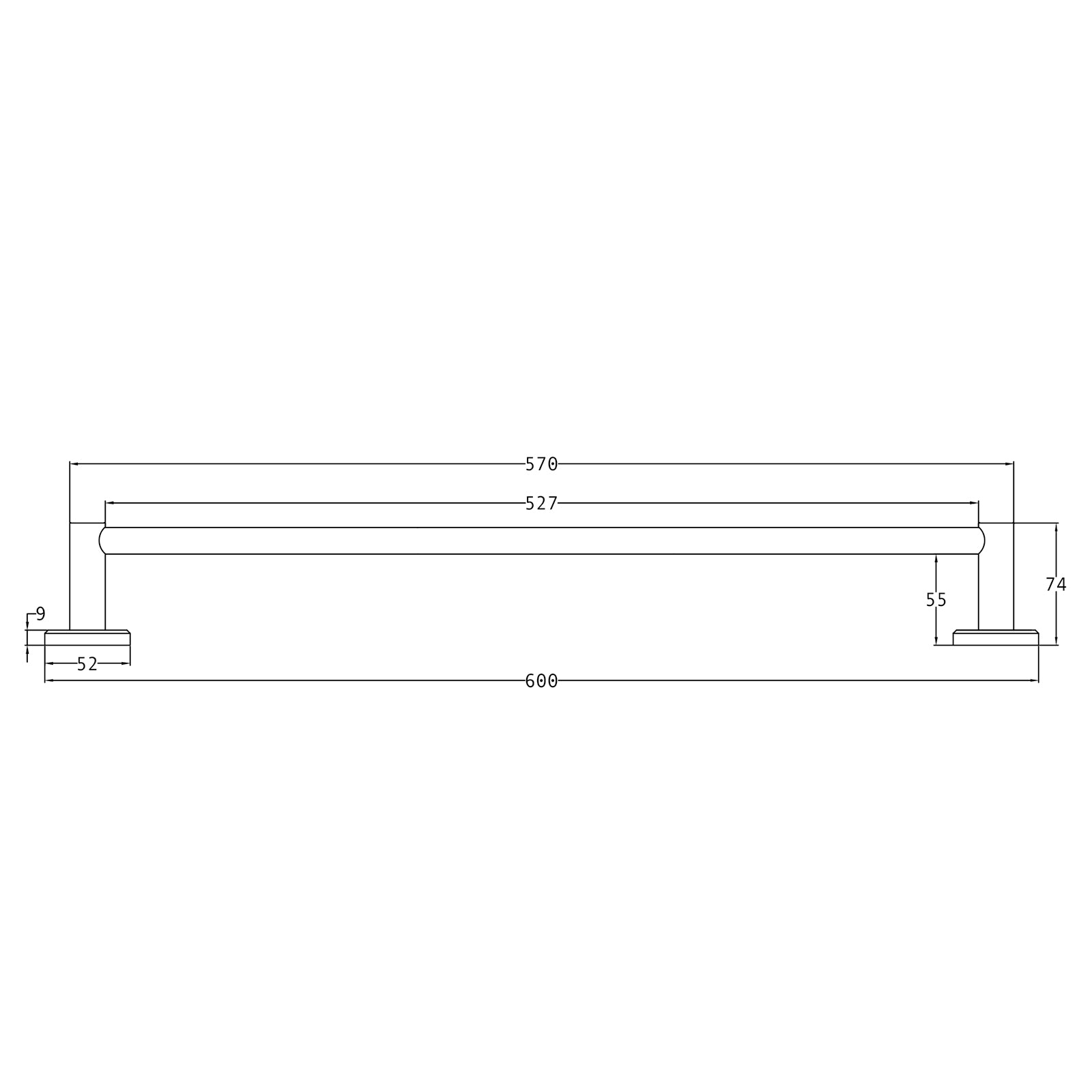 SHOW Technical drawing of 600mm Oxford Towel Rail