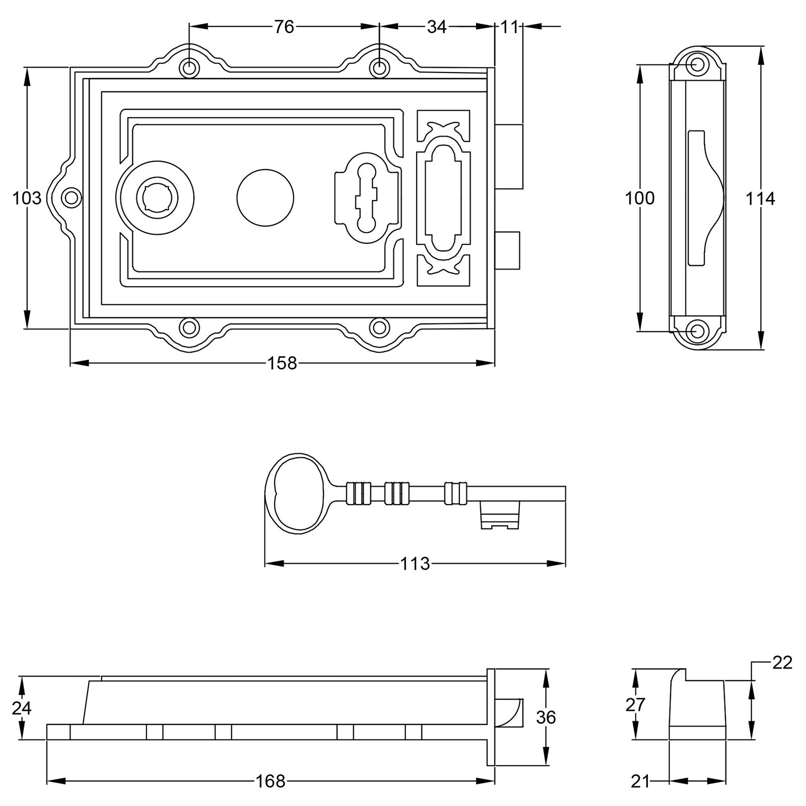 SHOW Technical Drawing of Ornate Rim Lock