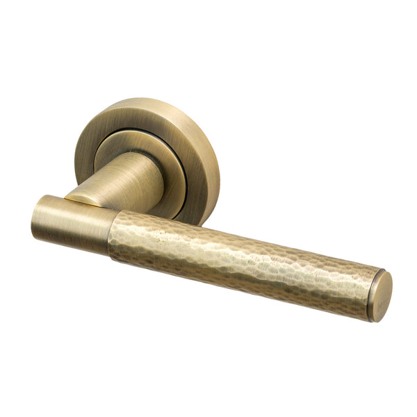  Image of Hammered Lever On Rose Door Handle in Antique Brass finish