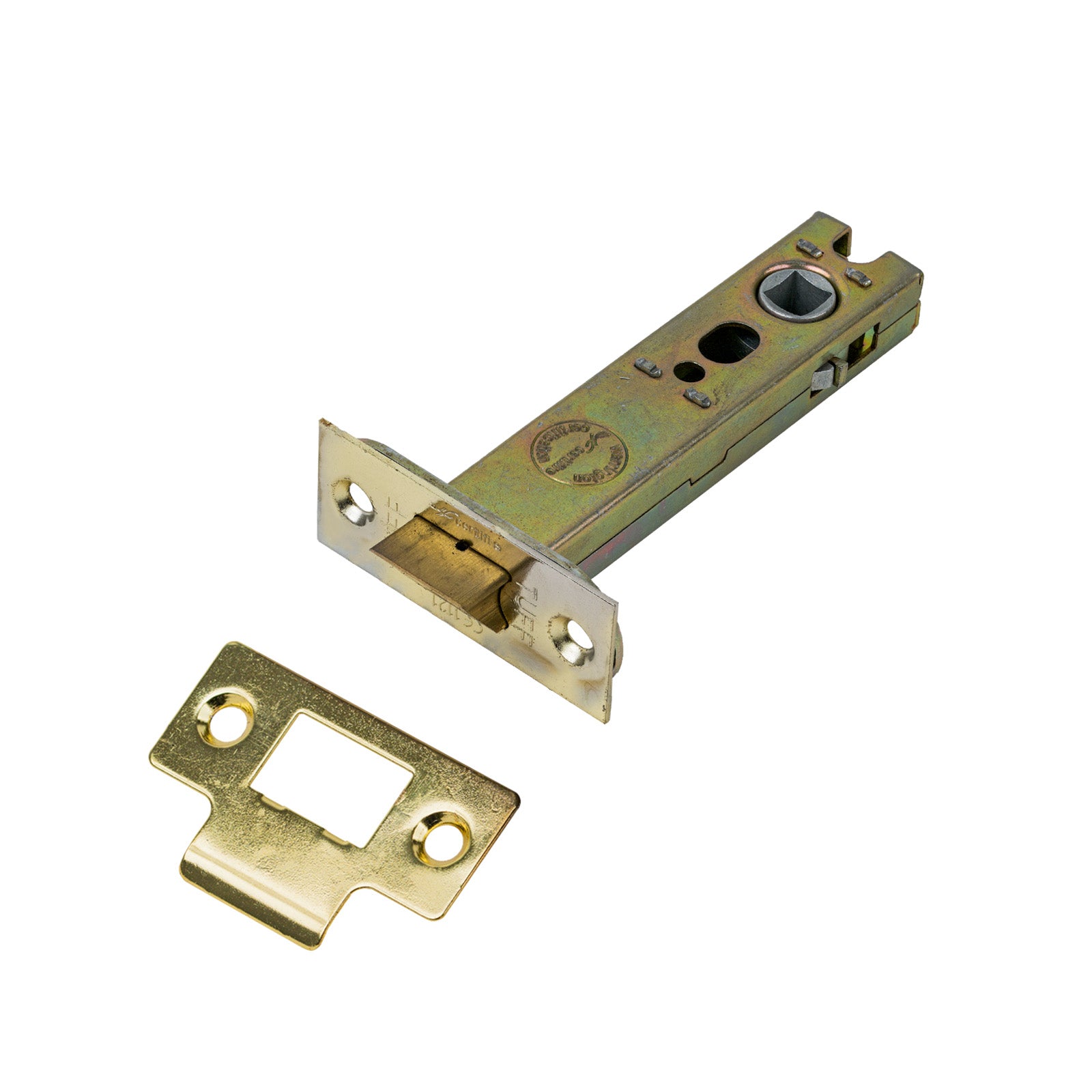 SHOW Heavy Duty Tubular Latch - 4 Inch with Polished brass finished forend and striker plate