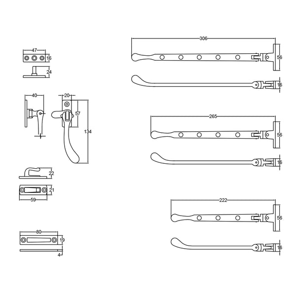  Tech Drawing of Pewter Peardrop Window Hardware