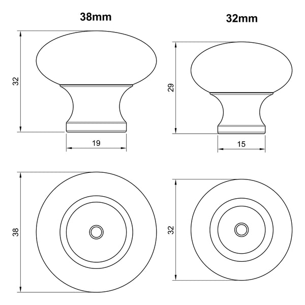  Technical drawing of a cabinet knob with dimensions labeled