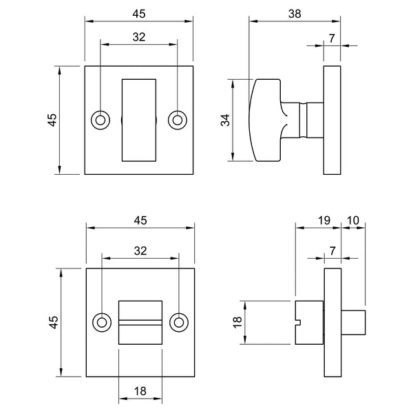  Technical Drawing of Bronze Square Thumbturn