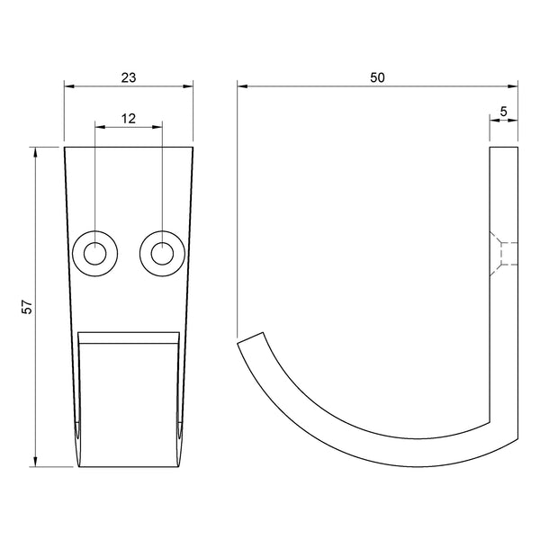  Technical drawing of a curved wall hook with dimensions labeled