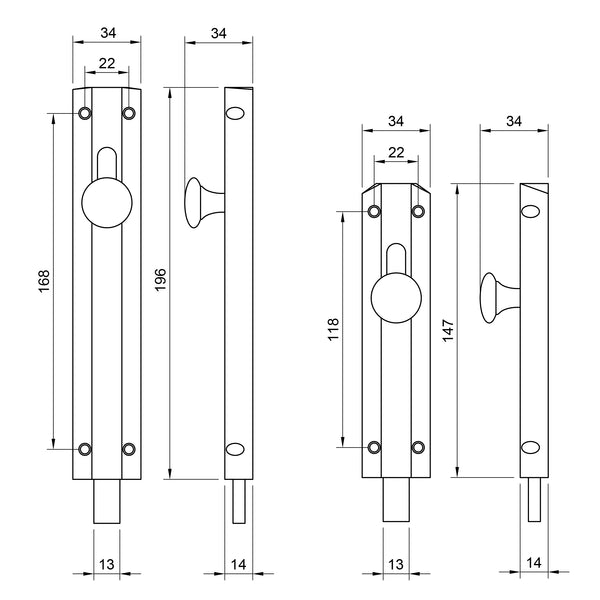  Technical drawing of a door slide bolt with dimensions