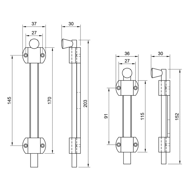 Technical drawing of a slide bolt with dimensions