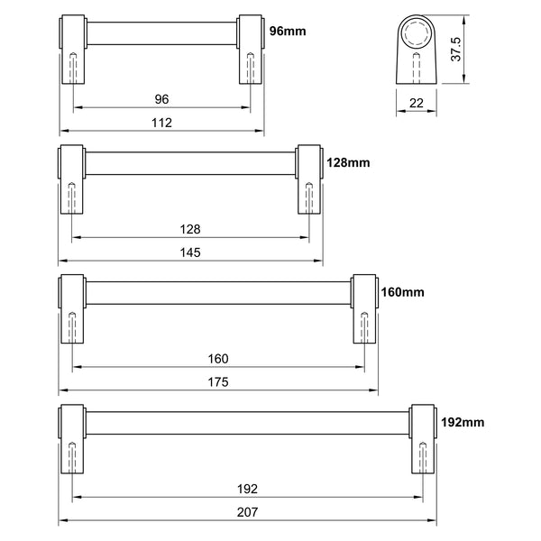  Tech Drawing of Bronze Ironbridge Cabinet Pull Handle