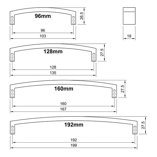  Tech Drawing of Bronze Curved Cabinet Pull Handle