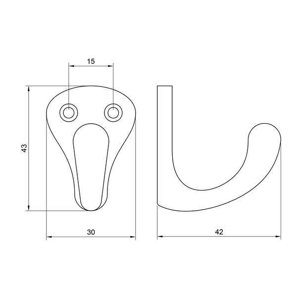  Technical drawing of a metal hook with dimensions on a white background