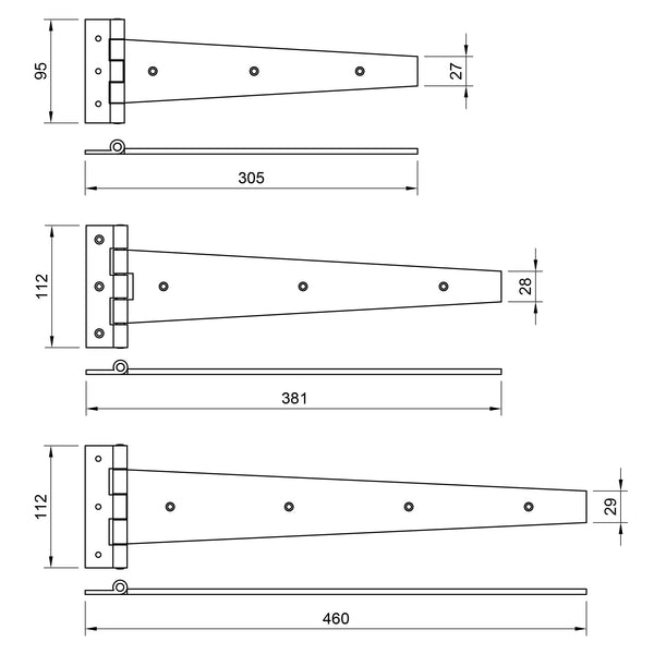  Technical drawing of three metal hinges with dimensions