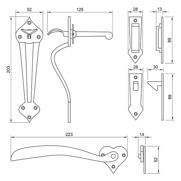  Technical Drawing of Bronze Gothic Thumblatch