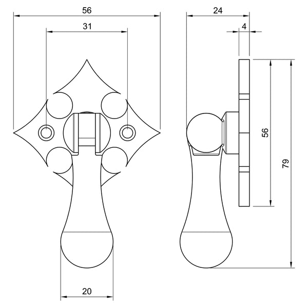  Technical Drawing of Bronze Fleur-De-Lys Cabinet Drop Pull