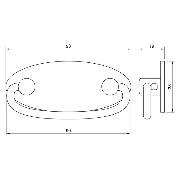  Technical Drawing of Bronze Oval Drop Pull Handle on Backplate