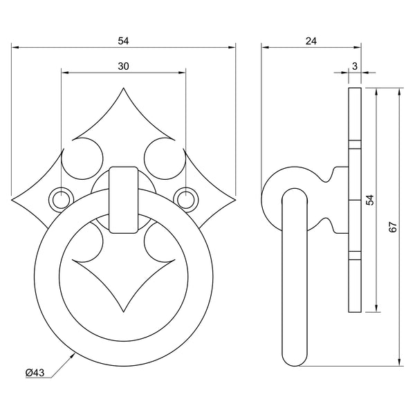  Technical drawing of Bronze Fleur-De-Lys Cabinet Ring Drop Pull