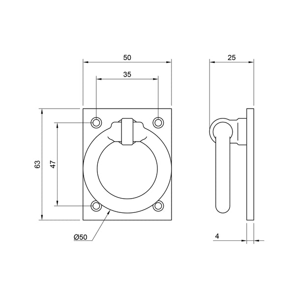  Technical drawing of a cabinet ring pull with dimensions on a white background