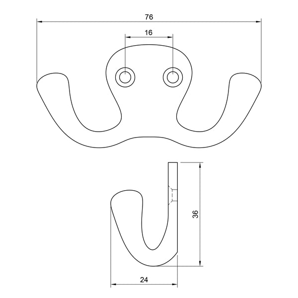  Technical drawing of a double hook with dimensions