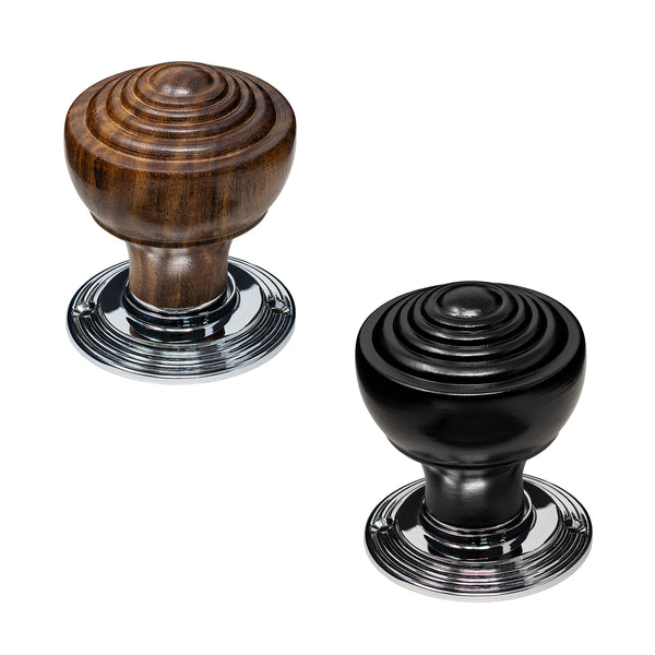 Ringed rosewood and ebonised wooden door knob with chrome rose plate