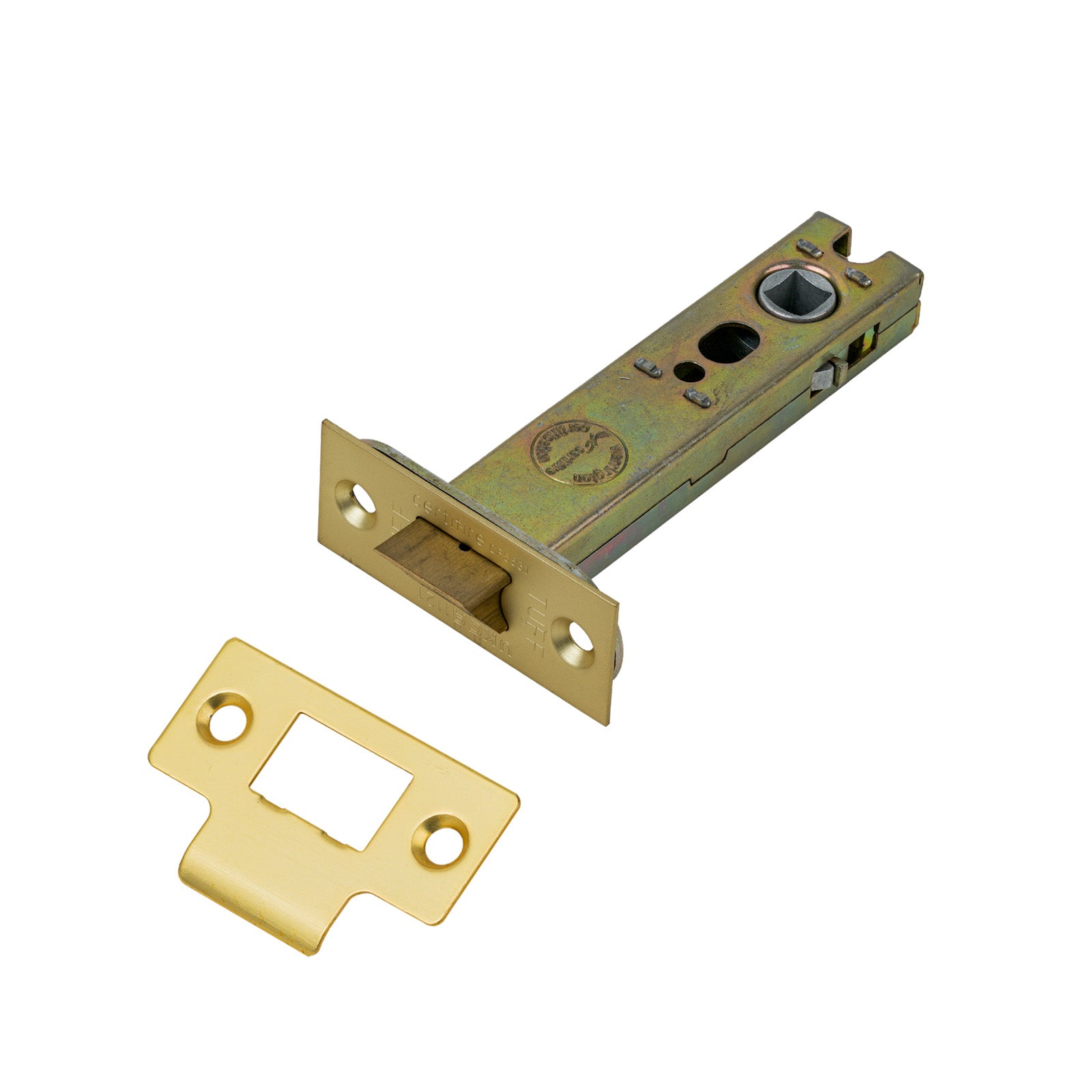 SHOW Heavy Duty Tubular Latch - 4 Inch with Satin Brass finished forend and striker plate