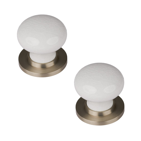 SHOW White Crackle Ceramic Door Knob with Satin Nickel Rose