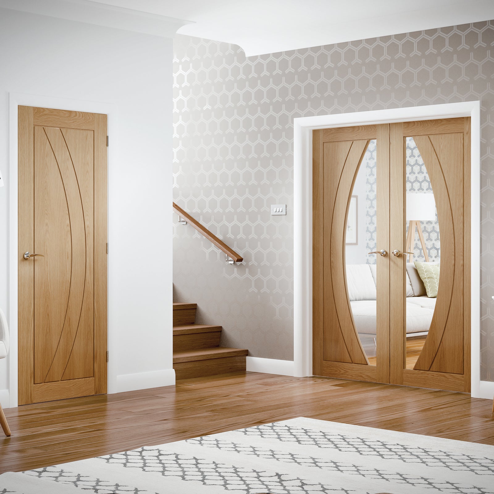 SHOW Internal Oak Salerno Double Door with Clear Flat Glass lifestyle