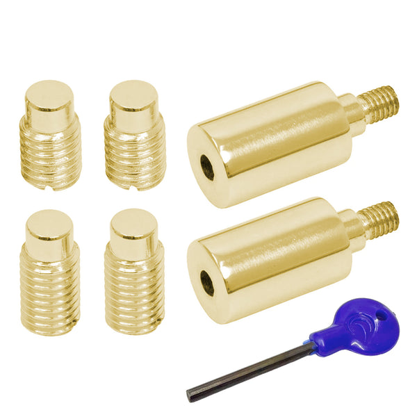  A set of unlacquered brass Sash Stop and a blue-handled hex key on a plain white background.