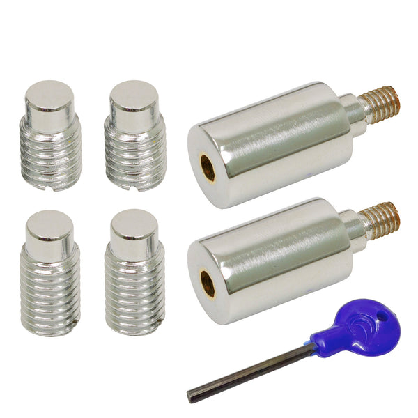  A set of polished nickel Sash Stop and a blue-handled hex key on a plain white background.