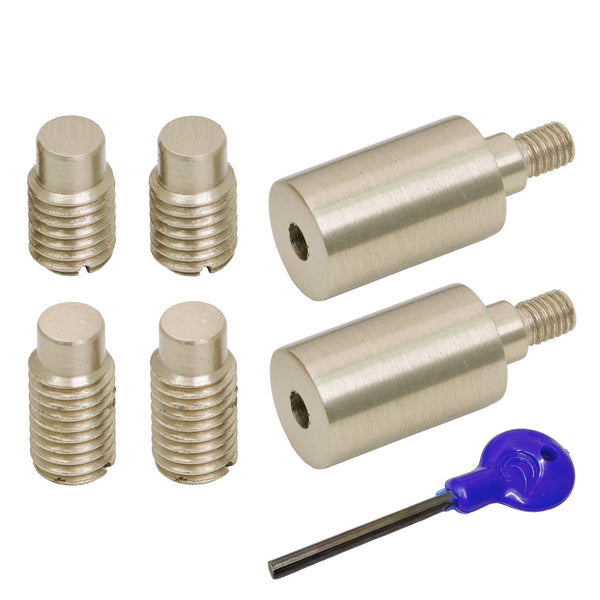  A set of satin nickel Sash Stop and a blue-handled hex key on a plain white background.