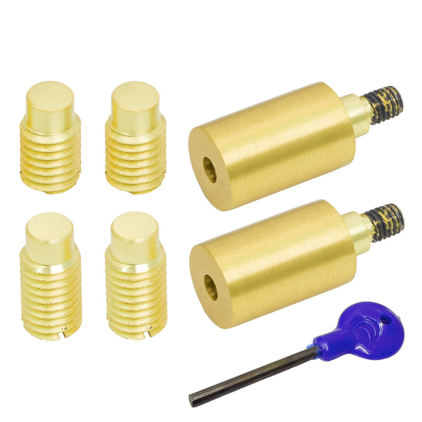  A set of satin brass Sash Stop and a blue-handled hex key on a plain white background.