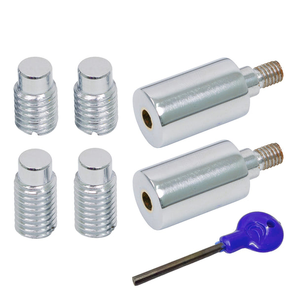  A set of polished chrome Sash Stop and a blue-handled hex key on a plain white background.