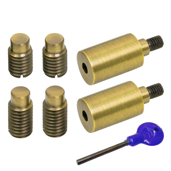  A set of antique brass Sash Stop and a blue-handled hex key on a plain white background.